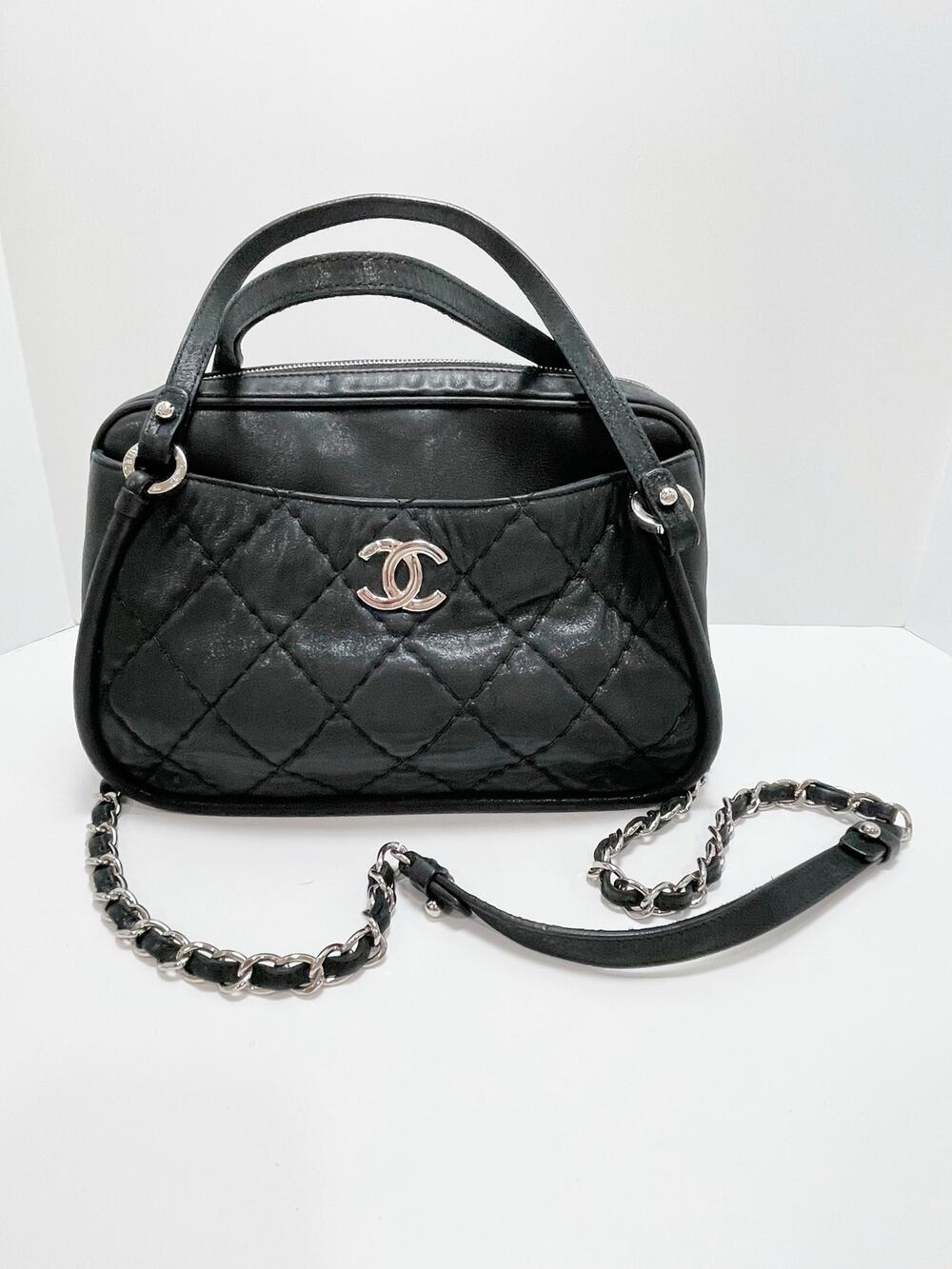 CHANEL Iridescent Calfskin Quilted Relax CC Camera Case Black Silver